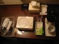 stuff Green tea, 3 cups, hot plate, tissues, ashtray and a hair dryer - the basic hotel survival kit.